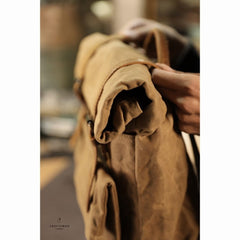 Khaki Oiled Wax Canvas Mens Rollup Backpack Travel Backpack Hiking Backpack Outdoor Backpack For Men