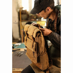 Khaki Oiled Wax Canvas Mens Rollup Backpack Travel Backpack Hiking Backpack Outdoor Backpack For Men