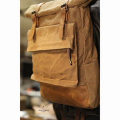 Khaki Oiled Wax Canvas Mens Rollup Backpack Travel Backpack Hiking Backpack Outdoor Backpack For Men