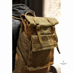 Khaki Oiled Wax Canvas Mens Rollup Backpack Travel Backpack Hiking Backpack Outdoor Backpack For Men