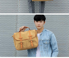 Khaki Canvas Leather Mens Casual Briefcase Shoulder Bag Messenger Bags Casual Courier Bags for Men