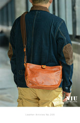 Casual Tan Leather Mens 8 inches Postman Bag Side Bag Brown Leather Messenger Bags Courier Bag For Men