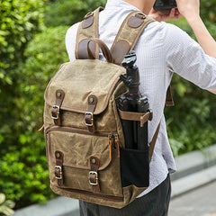Khaki CANVAS WATERPROOF MENS 15'' CANON CAMERA BACKPACK LARGE NIKON CAMERA BAG DSLR CAMERA BAG FOR MEN
