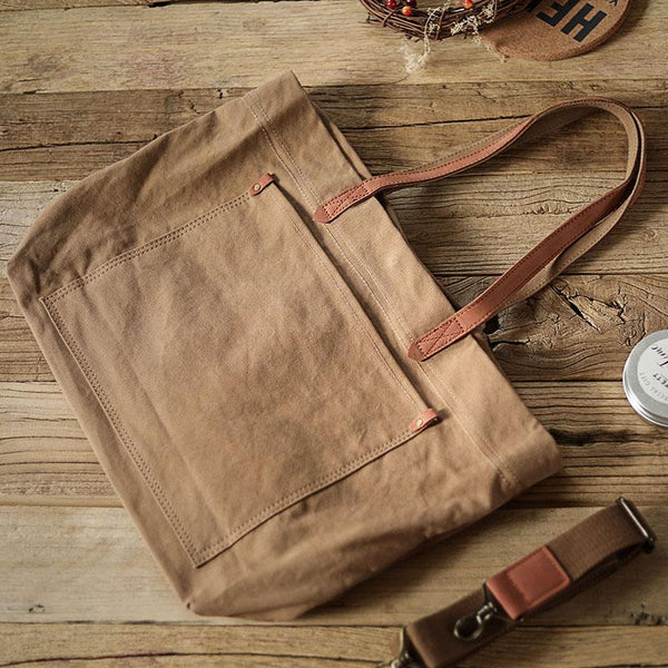 Khaki Vintage Canvas Men Womens Large Tote - Back View