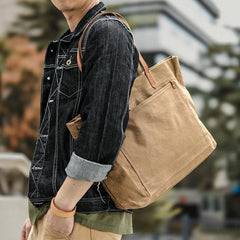 Khaki Vintage Canvas Men Womens Large Tote Bag Green Canvas Shoulder Tote Bag Shopper Tote For Men