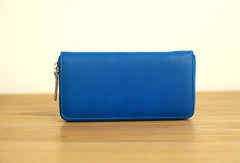 Handmade vintage blue zip leather clutch bag long wallet multi ID card holders for women