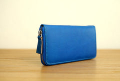 Handmade vintage blue zip leather clutch bag long wallet multi ID card holders for women