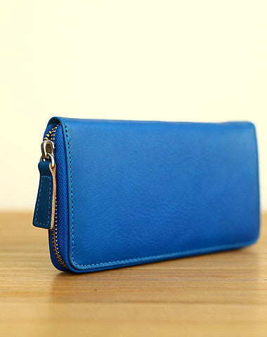 Handmade vintage blue zip leather clutch bag long wallet multi ID card holders for women - EverHandmade