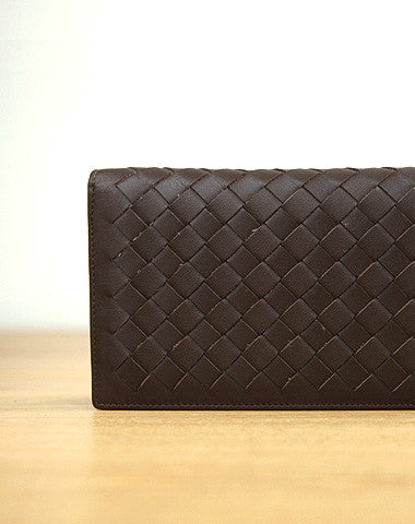 Handmade vintage knit leather clutch bag long wallet ID card holders slots for men - EverHandmade