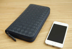 Handmade vintage knit zip leather clutch bag long wallet ID card holders slots for men - EverHandmade