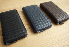 Handmade vintage knit zip leather clutch bag long wallet ID card holders slots for men - EverHandmade