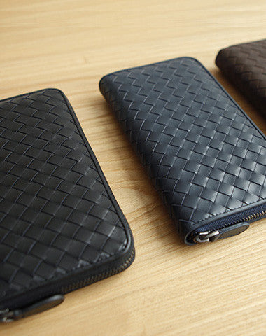 Handmade vintage knit zip leather clutch bag long wallet ID card holders slots for men - EverHandmade