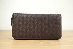 Handmade vintage knit zip leather clutch bag long wallet ID card holders slots for men - EverHandmade