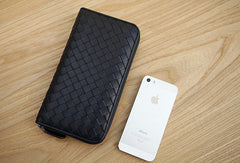 Handmade vintage knit zip leather clutch bag long wallet ID card holders slots for men - EverHandmade