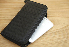 Handmade vintage knit zip leather clutch bag long wallet ID card holders slots for men