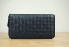 Handmade vintage knit zip leather clutch bag long wallet ID card holders slots for men - EverHandmade