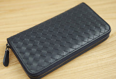 Handmade vintage knit zip leather clutch bag long wallet ID card holders slots for men - EverHandmade