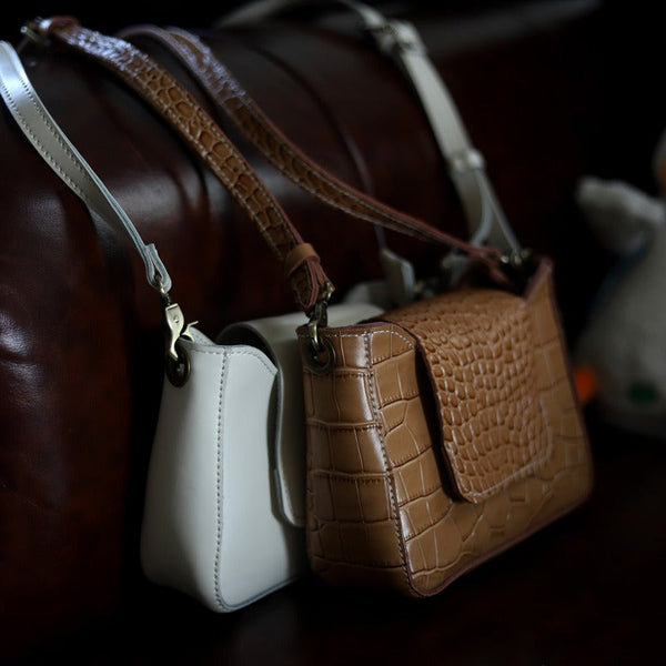 White LEATHER Side Bag WOMEN Crocodile Pattern - Open View