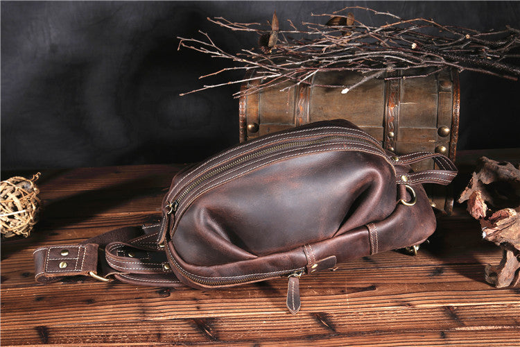 Crazy Horse Leather Sling Bag Vintage Leather Chest Bag Mens