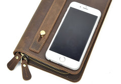 LEATHER MENS Wristlet Wallet Double Zipper Vintage Coffee Clutch FOR MEN