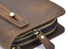 LEATHER MENS Wristlet Wallet Double Zipper Vintage Coffee Clutch FOR MEN