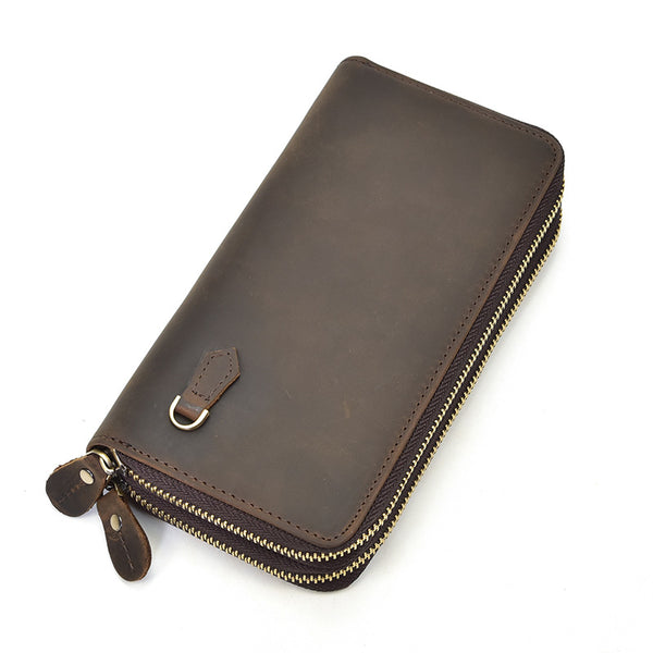 LEATHER MENS Wristlet Wallet Double Zipper Vintage Coffee Clutch FOR MEN FY01581177