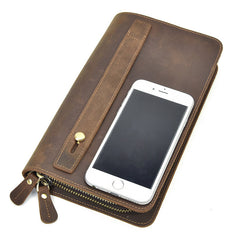 LEATHER MENS Wristlet Wallet Double Zipper Vintage Coffee Clutch FOR MEN
