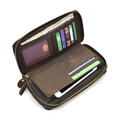 LEATHER MENS Wristlet Wallet Double Zipper Vintage Coffee Clutch FOR MEN