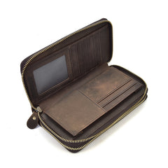 LEATHER MENS Wristlet Wallet Double Zipper Vintage Coffee Clutch FOR MEN