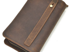 LEATHER MENS Wristlet Wallet Double Zipper Vintage Coffee Clutch FOR MEN