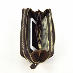 LEATHER MENS Wristlet Wallet Double Zipper Vintage Coffee Clutch FOR MEN