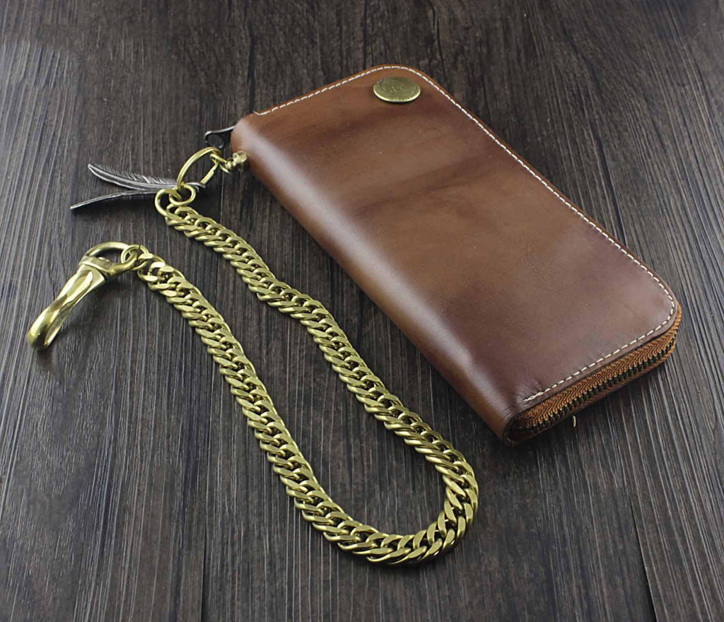 Badass Coffee Leather Men's Long Wallet with Chain Biker Chain Wallet