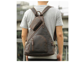 Vintage Large Brown Leather Men's Sling Bag Chest Bag One Shoulder Backpack For Men