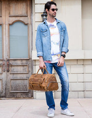 Large Leather Men Barrel Overnight Bags Travel Bags Weekender Bags For Men