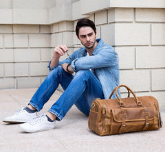 Large Leather Men Barrel Overnight Bags Travel Bags Weekender Bags For Men