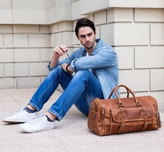 Cool Brown Leather Men's Overnight Bag Travel Bag Luggage Weekender Bag For Men