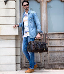 Cool Brown Leather Men's Overnight Bag Travel Bag Luggage Weekender Bag For Men