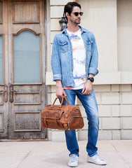 Cool Brown Leather Men's Overnight Bag Travel Bag Luggage Weekender Bag For Men
