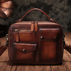 Vintage Womens Brown Leather Satchel Shoulder Bag School Handbag Shoulder Purse for Girls