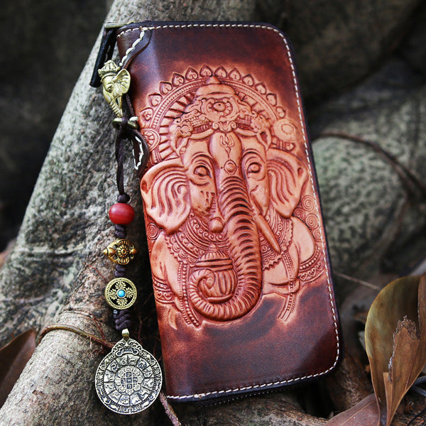 Leather Ganesha Tooled Biker Wallet Cool Handmade - Back View