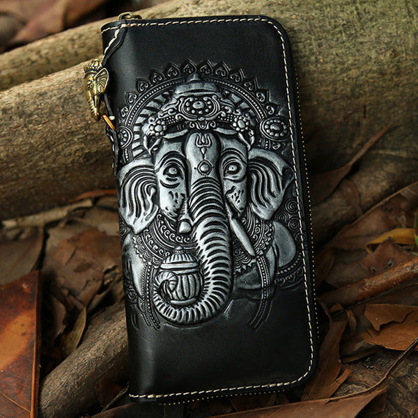 Leather Ganesha Tooled Biker Wallet Cool Handmade Leather Chain Wallet for Men KBPJ02351004