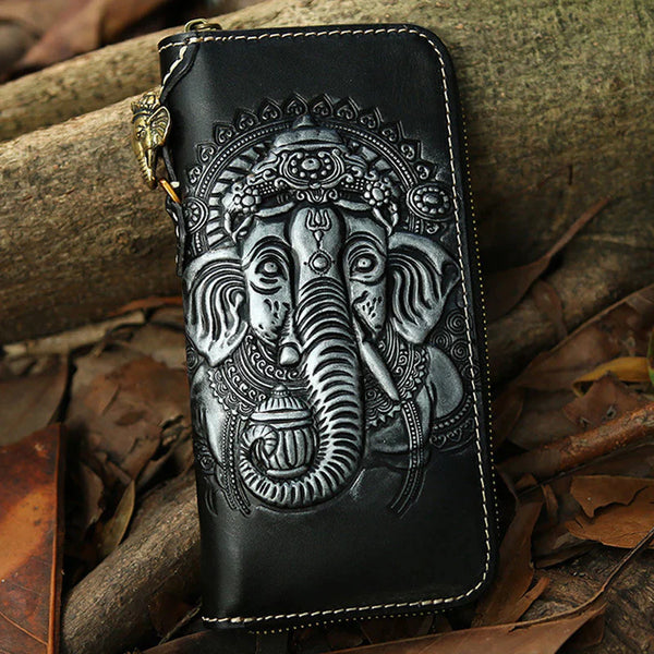 Black Leather Ganesha Tooled Biker Wallet Cool - Back View