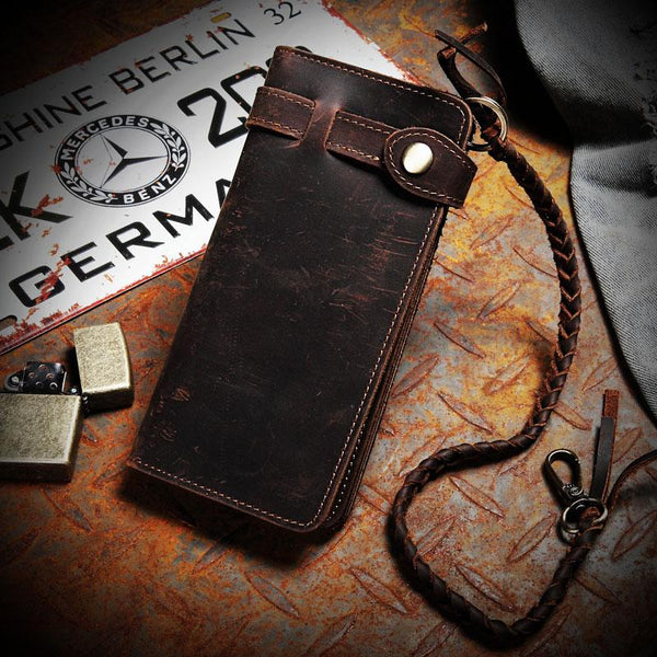 Leather Mens Bifold Long Biker Wallets Biker Chain Wallet Long Trucker Wallet for Men