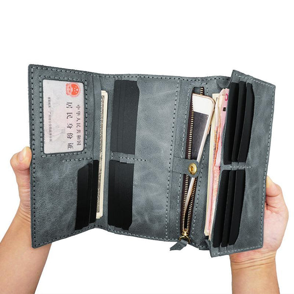 Leather Mens Trifold Long Wallet Handmade Lots Cards Checkbook Long Wallet for Men