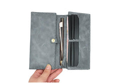 Mens Leather Trifold Long Wallet Lots Cards Handmade Checkbook Long Wallet for Men