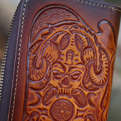 Leather Skull Tooled Mens Handmade Long Wallets Cool Death Zip Leather Wallet Clutch Wallet for Men