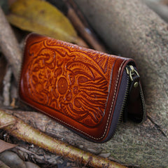 Leather Skull Tooled Mens Handmade Long Wallets Cool Death Zip Leather Wallet Clutch Wallet for Men