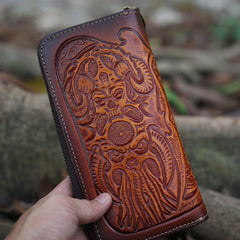 Leather Skull Tooled Mens Handmade Long Wallets Cool Death Zip Leather Wallet Clutch Wallet for Men