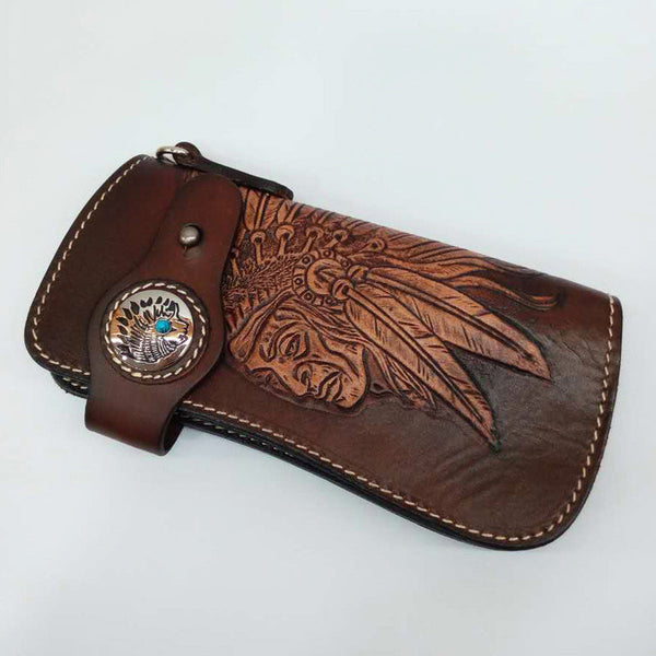 Coffee Leather Tooled Indian Chief Mens Biker - Back View