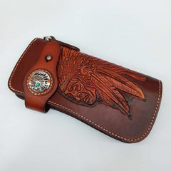 Leather Tooled Indian Chief Mens Biker Chain Wallet Handmade Leather Biker Wallet for Men - EverHandmade